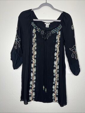 Krista Lee Black Embellished Blouse - Size S Boho Embroidered Beaded